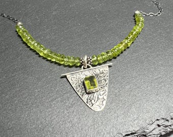 Peridot Pendant & Beads Necklace - Sterling Silver - Peridot Bezel-Set Stone - August Birthstone