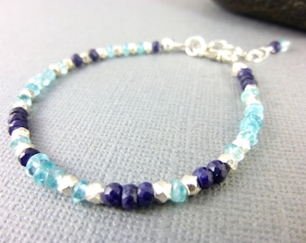 Sapphire & Apatite Bracelet, Dainty Bracelet, September Birthstone, Wisdom Stone, Releases Tension and Depression, Reduces Stress