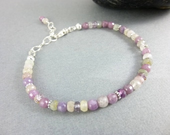 Dainty Pink Sapphire Bracelet - Sterling Silver - September Virgo Birthstone - Wisdom Stone - Restores Balance