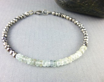 Moss Aquamarine Bracelet, Sterling Silver, March Birthstone, Stone of Courage, Inner Peace, Self Love