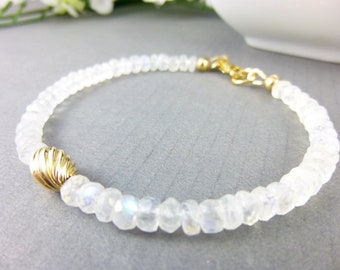 Rainbow Moonstone and 14K Gold Filled Bracelet, Inner Growth, Strength, Success, Soothes Stress, Provides Calmness, Good Fortune