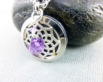 Amethyst Gemstone & Essential Oil Locket Necklace, Aromatherapy Diffuser, Stainless Steel