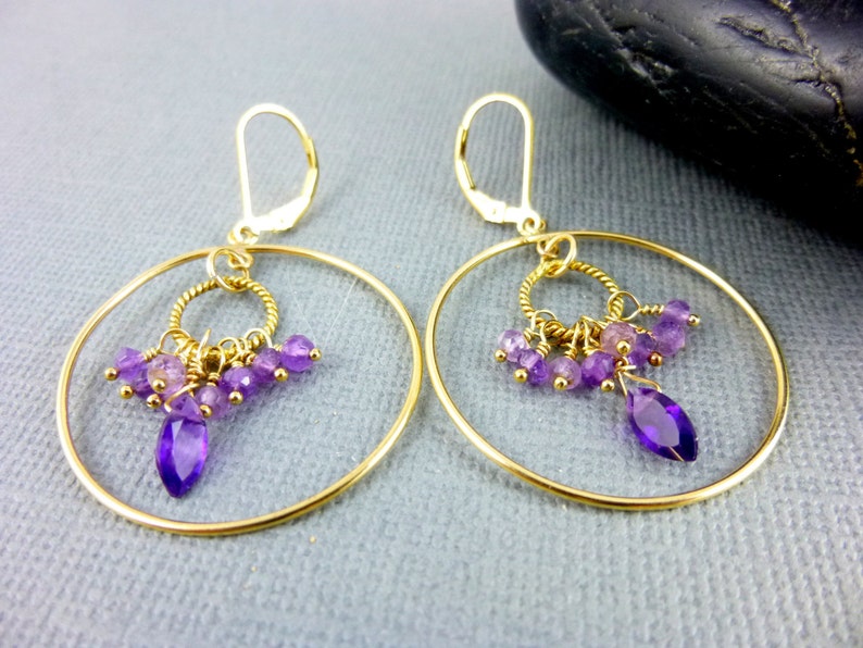 Amethyst Hoop Earrings, 14K Gold Fill, February Birthstone, Powerful and Protective Stone, Reduces Stress, Activates Spiritual Awareness image 6