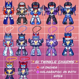 May include: A collection of colorful, cartoon-style GI Twinkle Charms, each 1.5 inches, featuring various robot characters. The charms are holographic on both sides and have a loop for hanging. The background is a pink grid.