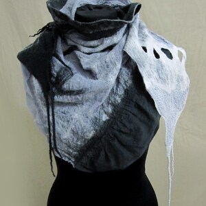Nightmare Mist - OOAK silk, felted scarf, nuno-felted scarf, shawl, accessory, grey, black wearable art