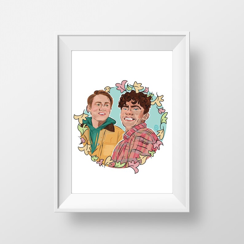 May include: A digital illustration of two people with brown hair, smiling, standing next to each other. They are surrounded by a circle of colorful leaves.