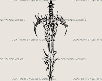 Neotribalism Sword Tattoo Stencil – Cyber Tribal Blade Design, Fantasy Sword Tattoo Flash, Goth Cybersigilism Linework for Arm, Spine, Leg