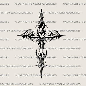 Könnte beinhalten: Ein schwarzes, stilisiertes Kreuz-Design mit komplizierten, tribal inspirierten Mustern. Das Kreuz hat scharfe, längliche Spitzen und ein herzförmiges Element in der Mitte. Das Design befindet sich vor einem neutralen Hintergrund, mit dem Text "COPYRIGHT BY SERVINGSOMELINES" wiederholt.