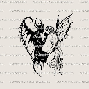 May include: A black and white illustration of a fairy and a demon in an embrace. The fairy has large, detailed wings, and the demon has horns and a tail. The image is a silhouette, with the text "COPYRIGHT BY SERVINGSOMELINES" repeated across the background.