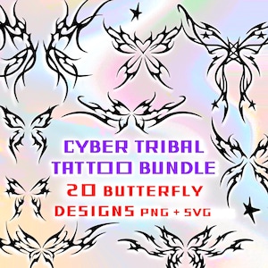 Cyber Sigilism Butterfly Bundle SVG PNG – 20 Tattoo Designs – Cybercore Tribal, Cybersigilism, Y2K, Neotribal, Cyber Tattoo Digital Download