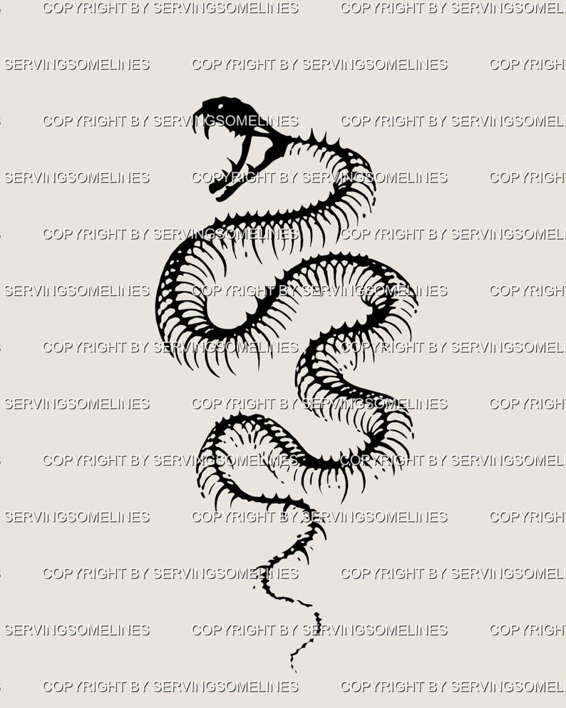 May include: A black and white illustration of a snake skeleton. The snake is shown with its mouth open, displaying sharp teeth. The design is detailed and stylized, with an emphasis on the skeletal structure.