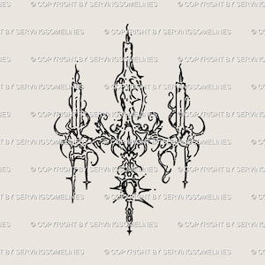 May include: A black and white line drawing of a chandelier with three lit candles. The chandelier has ornate, swirling details and is suspended from the top. The image has the text "COPYRIGHT BY SERVINGSOMELINES" repeated across the top and bottom.