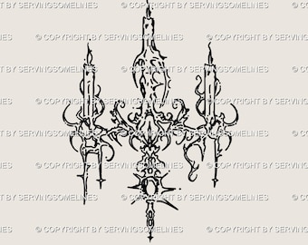 May include: A black and white line drawing of a chandelier with three lit candles. The chandelier has ornate, swirling details and is suspended from the top. The image has the text "COPYRIGHT BY SERVINGSOMELINES" repeated across the top and bottom.