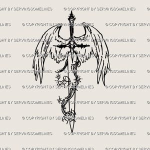 Celestial Angel Sword Tattoo Design, Archangel Wings Line Art Stencil, Guardian Angel Sword with Wings, Sternum Chest Back Tattoo Idea