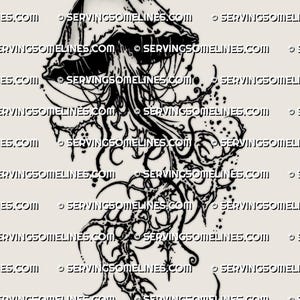May include: A black and white illustration of a jellyfish. The jellyfish has a bell-shaped body with long, flowing tentacles. The design is intricate, with detailed lines and patterns. The image has text that reads "SERVINGSOMELINES.COM".