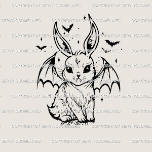 Gruselig niedliches Halloween Tattoo Schablone - Gothic Hase mit Flügel, gruselige Kawaii Kleintier Schablone, simples Girly Gothic Tattoo DIGITAL Design