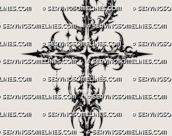 Moon and Stars Cross Tattoo Stencil, Celestial Gothic Cross With Star Accents, Etched Detail (PNG, JPEG, PDF)