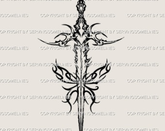 Cybersigilism Fairy Sword Tattoo - Tribal Butterfly Tattoo Design, Fineline Cyber Style, Fairy wings - Digital Stencil Download