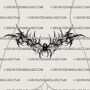 May include: Black graphic design featuring a stylized spider and web-like elements. The design is intricate and detailed, with sharp lines and a symmetrical composition. The text "SERVINGSOMELINES.COM" is repeated throughout the image.