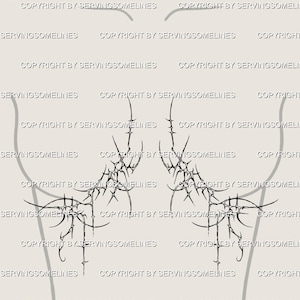 May include: A digital illustration featuring a stylized, abstract design of a torso with a black, spiky, and organic pattern overlaying the chest area. The background is a neutral beige color. The text "COPYRIGHT BY SERVINGSOMELINES" is repeated.