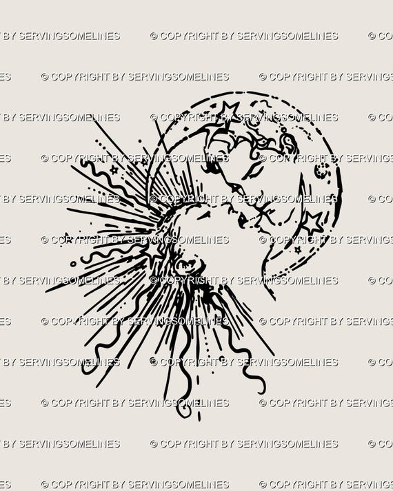 太陽と月と星のタトゥーステンシル、キスする太陽と月のイラスト、二面