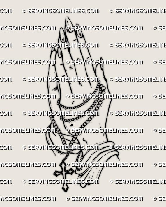 Praying Hands Cross Tattoo Stencil, Clean Linework Devotional