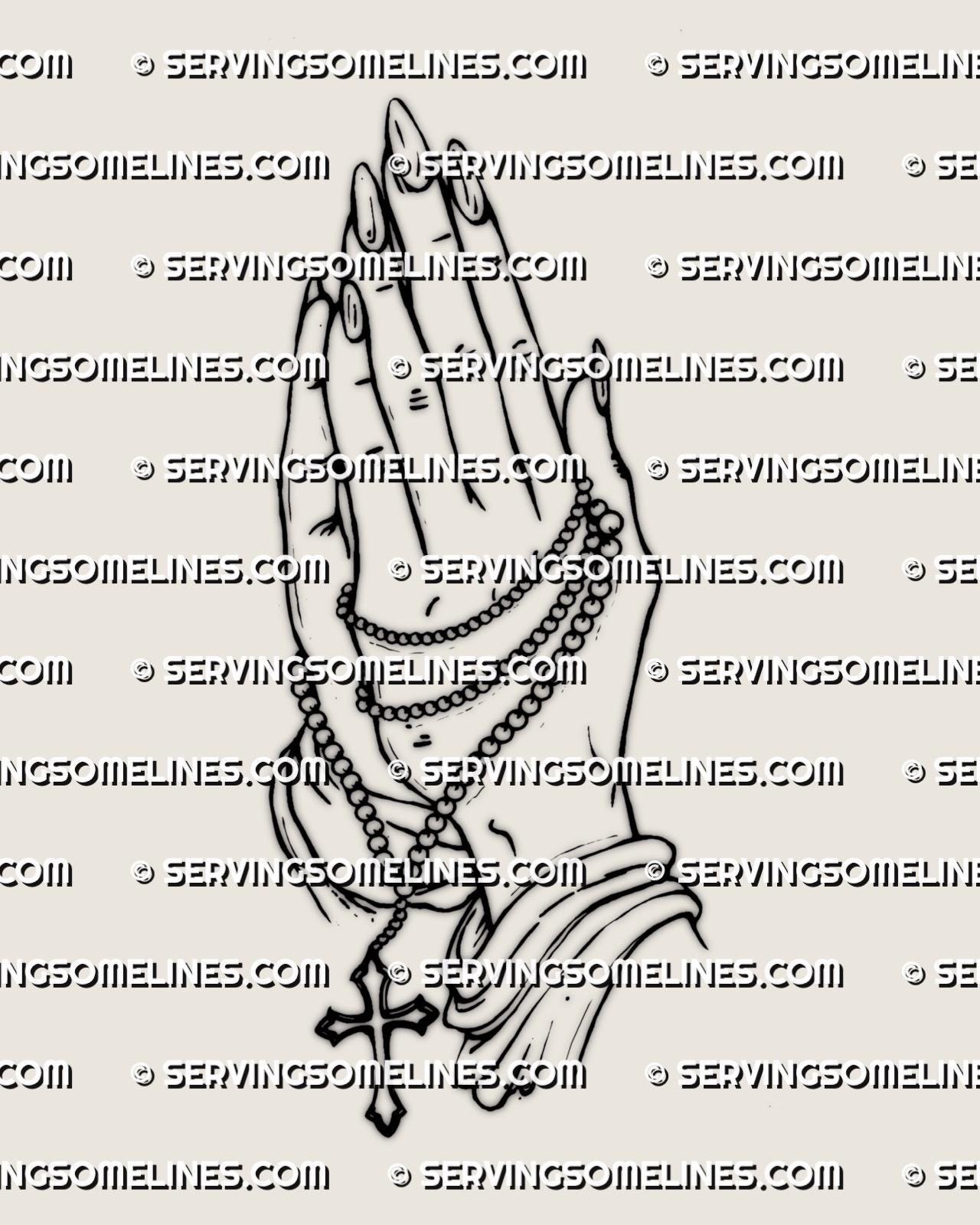 Praying Hands Cross Tattoo Stencil, Clean Linework Devotional