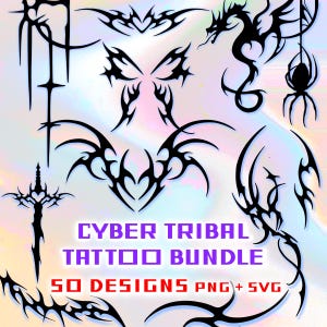 Cyber Tribal Tattoo Bundle SVG PNG - 50 Digital Designs -  Cybercore, Dragon Clipart, Cyber Sigilism, Y2K SVG, Tribal, Gothic, NeoTribal