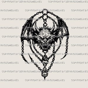 May include: Black and white pendant necklace featuring a detailed illustration of a demonic creature with horns, wings, and a fierce expression. The design is suspended from a chain with multiple links and decorative elements. The text "COPYRIGHT BY SERVINGSOMELINES" is repeated around the image.