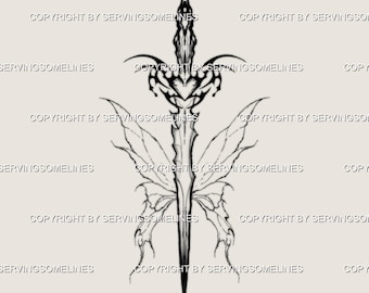 Cyber Sigilism Fairy Wings Sword Tattoo - Unique Tribal Butterfly Tattoo Design, Fae Winged Sword tattoo - Digital Tattoo Stencil Download