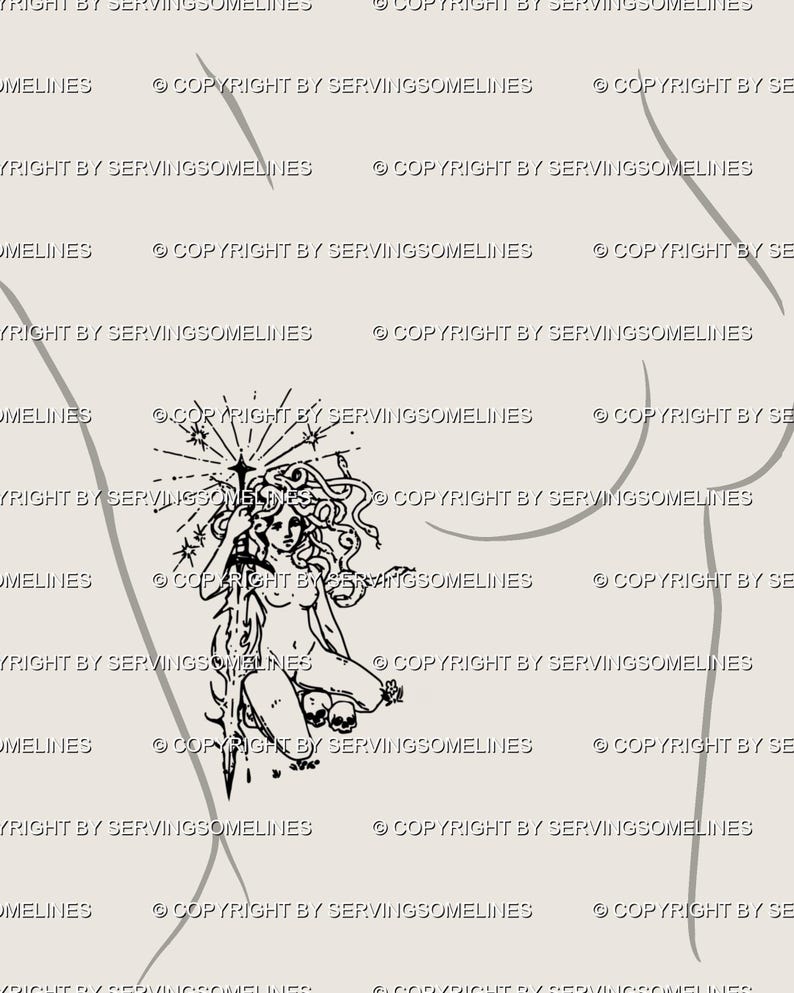Goddess Medusa tattoo stencil shown along the side ribs, flowing across the torso in minimal line art with cybersigilism accents. Snakes coil around her form while the sword detail adds a sharp edge, making it both gothic and ethereal. Perfect for mythology tattoo ideas, girly goth flash, or alternative goddess designs. A symbolic medusa piece that works for ribcage placement, carrying meaning of protection, defiance, and divine feminine power.