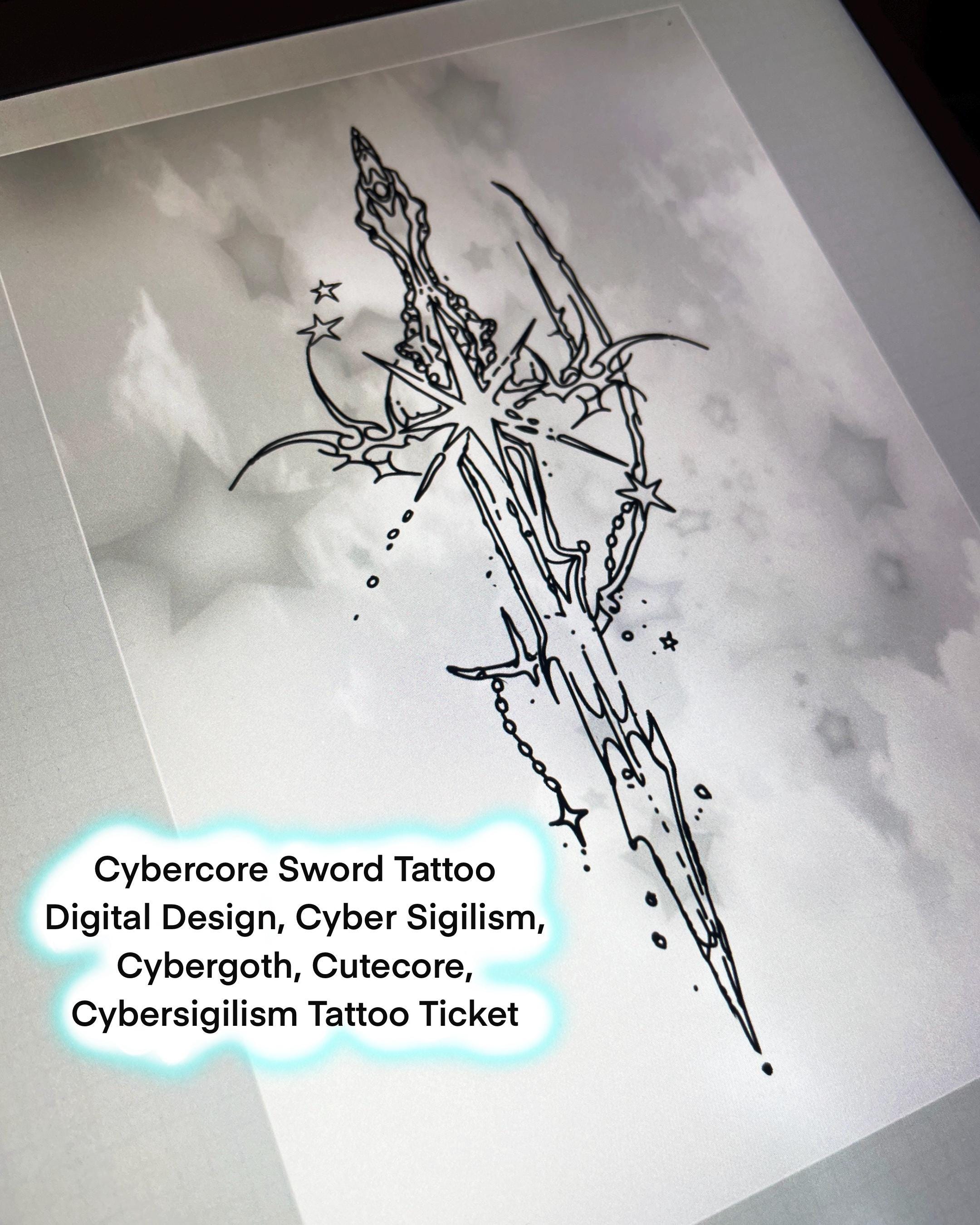 Cybercore Sword Tattoo Design | Digital Download | Cyber Sigilism, Cybergoth, Cutecore, Sparkle Tattoo, Cybersigilism, Dreamcore Star tattoo