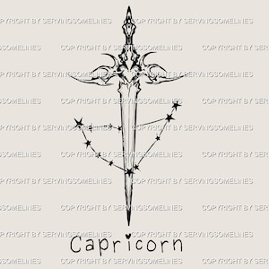 Capricorn Constellation Sword Tattoo – Zodiac Astrology Digital Stencil, Gothic Tribal Star Cluster Design, Unique Dark Cybersigilism Flash