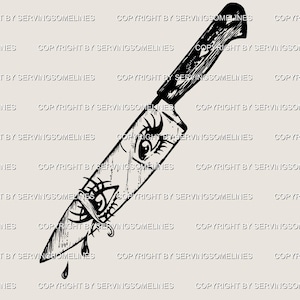 May include: A black and white illustration of a knife with a wooden handle. The blade features stylized eyes and a teardrop design. The image is a graphic design with a vintage aesthetic.