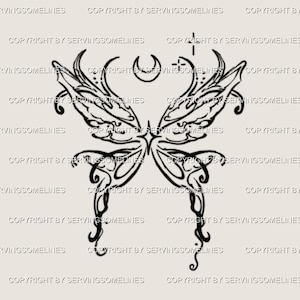 Plantilla de tatuaje abstracta de mariposa y luna: alas de hada brillantes, energía primaveral, adorable mariposa pequeña, diseño de descarga digital