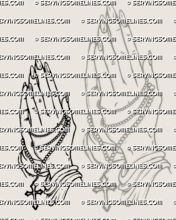 Praying Hands Cross Tattoo Stencil, Clean Linework Devotional