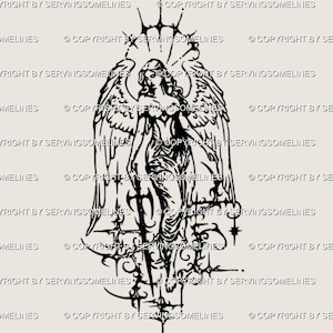 May include: A monochrome illustration of an angel with detailed wings, a crown, and decorative elements. The image has a gothic style. The text "COPYRIGHT BY SERVINGSOMELINES" is repeated throughout the image.