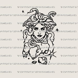 May include: Black and white illustration of Medusa with snakes for hair, a stern expression, and stars. The artwork is a line drawing style, with the text "COPYRIGHT BY SERVINGSOMELINES" repeated around the image.