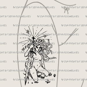 Minimal Medusa tattoo stencil displayed as a front thigh idea, bold enough for large scale or delicate in smaller form. The goddess is drawn in cybersigilism style with sword and snakes, a gothic mythology flash that feels both ethereal and protective. Ideal for girly goth tattoos, alternative mythology artwork, or cybergoth medusa designs. This hand-drawn piece works beautifully for thigh placement, giving a powerful yet elegant look.