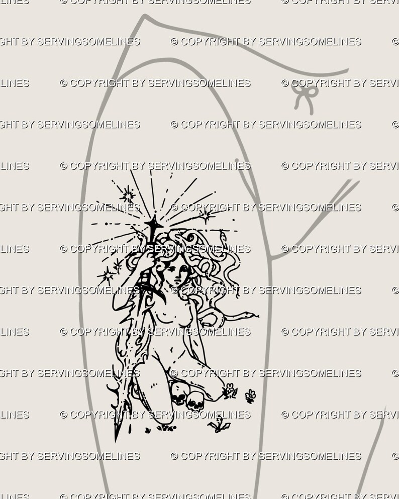 Minimal Medusa tattoo stencil displayed as a front thigh idea, bold enough for large scale or delicate in smaller form. The goddess is drawn in cybersigilism style with sword and snakes, a gothic mythology flash that feels both ethereal and protective. Ideal for girly goth tattoos, alternative mythology artwork, or cybergoth medusa designs. This hand-drawn piece works beautifully for thigh placement, giving a powerful yet elegant look.