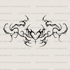 May include: Black abstract design with swirling lines and symmetrical shapes. The design is centered and appears to be a decorative element or graphic. The background is a light beige color.
