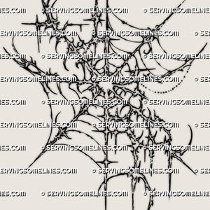 May include: A black and white graphic design featuring an abstract, web-like pattern. The design has sharp, angular lines and a complex, interconnected structure. The text "SERVINGSOMELINES.COM" is repeated around the edges of the design.
