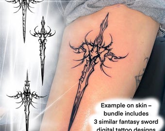 Cybersigilism Sword Tattoo Bundle | 3 Digital Design Download - Cyber Sigilism Tribal | Cybergoth Spine Tattoos | Gothic Tattoo