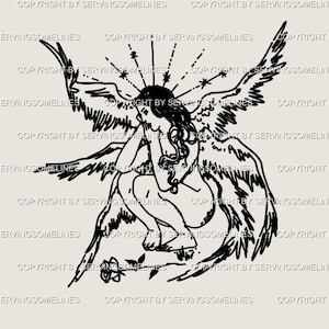 Plantilla de tatuaje de ángel femenino (descarga digital) – Diseño de serafín Angelcore, tatuaje de fe protectora, ángel guardián espiritual de la Tierra