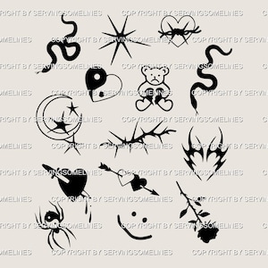 Puede incluir: Una colección de ilustraciones gráficas negras sobre un fondo claro. Los diseños incluyen una serpiente, una estrella, un corazón con alambre de púas, un corazón yin-yang, un oso de peluche triste, una luna creciente con estrellas, espinas, llamas tribales, un corazón con flecha, una araña, una carita sonriente y una rosa.