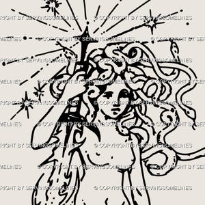 Close-up of Medusa goddess line art, showing her face framed by snakes, a cybersigilism sword blade, and celestial star details that make the piece feel ethereal. Gothic and mythological, this digital stencil blends Greek goddess symbolism with alternative aesthetics, perfect for girly goth or cybergoth tattoo fans. A unique hand-drawn medusa artwork that carries meaning of transformation, protection, and divine rebellion.