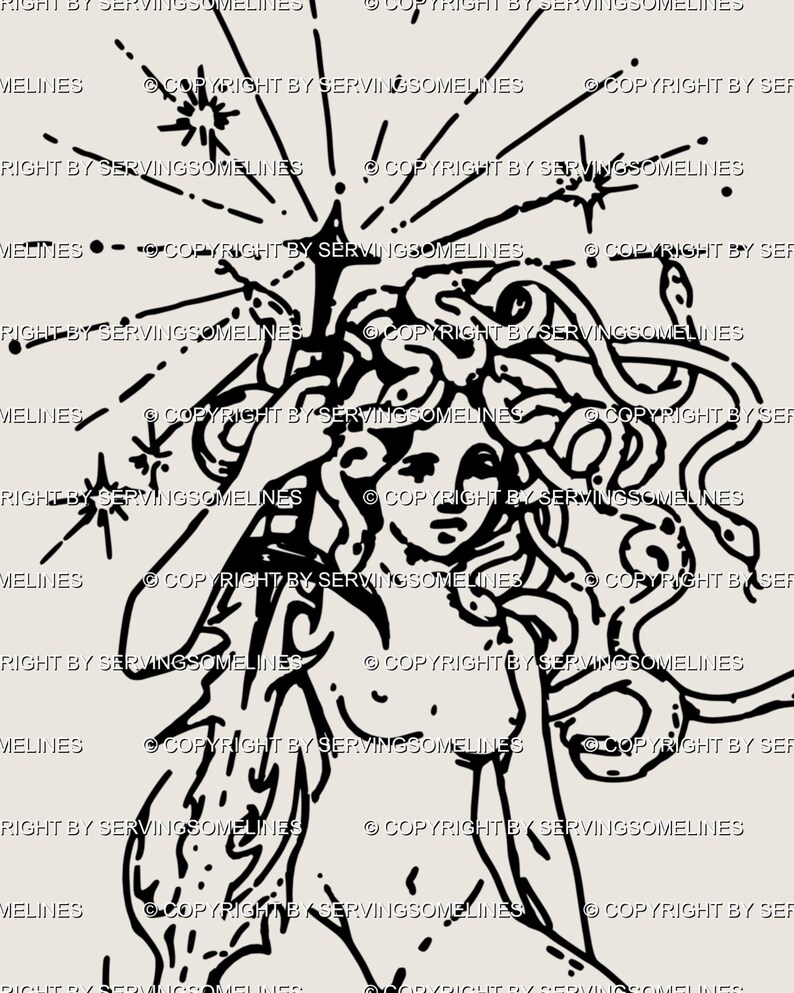Close-up of Medusa goddess line art, showing her face framed by snakes, a cybersigilism sword blade, and celestial star details that make the piece feel ethereal. Gothic and mythological, this digital stencil blends Greek goddess symbolism with alternative aesthetics, perfect for girly goth or cybergoth tattoo fans. A unique hand-drawn medusa artwork that carries meaning of transformation, protection, and divine rebellion.