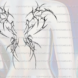 May include: Black tribal tattoo design featuring intricate, spiky patterns. The artwork is displayed on a light background, showcasing the detailed lines and shapes of the tattoo. The design is a body art concept.