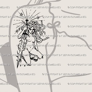 Medusa tattoo idea placed on female upper arm and shoulder, drawn in minimal cybersigilism line art with sword and snakes. A gothic mythology design that works as girly goth flash or an alternative goddess tattoo, versatile for shoulder or sleeve builds. This hand-drawn medusa stencil combines ethereal energy with gothic attitude, making it a unique choice for those seeking mythology tattoos that feel powerful, symbolic, and different.