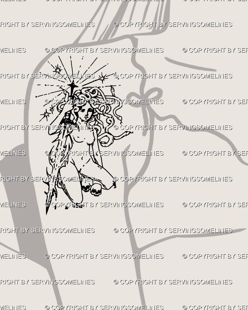 Medusa tattoo idea placed on female upper arm and shoulder, drawn in minimal cybersigilism line art with sword and snakes. A gothic mythology design that works as girly goth flash or an alternative goddess tattoo, versatile for shoulder or sleeve builds. This hand-drawn medusa stencil combines ethereal energy with gothic attitude, making it a unique choice for those seeking mythology tattoos that feel powerful, symbolic, and different.